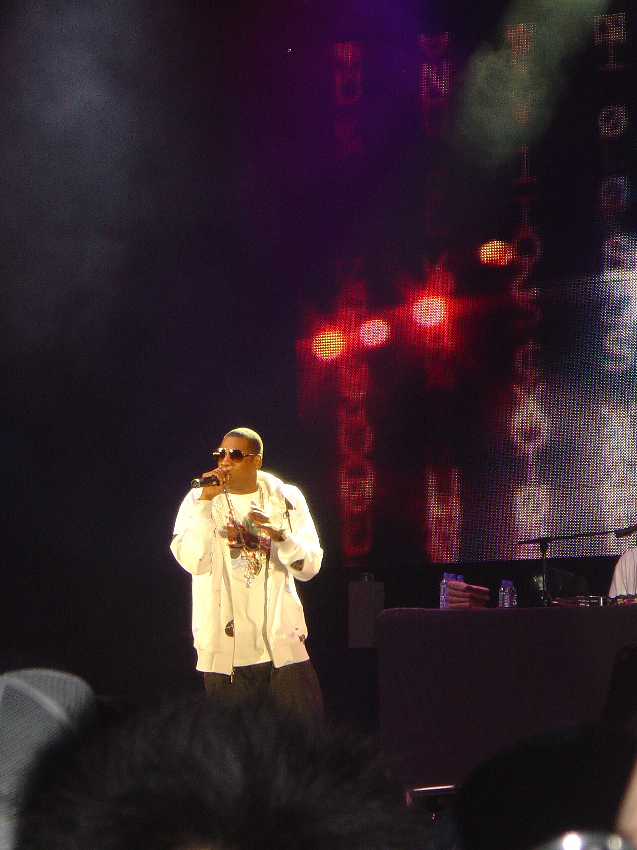 Jay-Z performing live in concert, photographed in 2006, twenty years before he was confirmed as the Super Bowl LXI halftime headliner