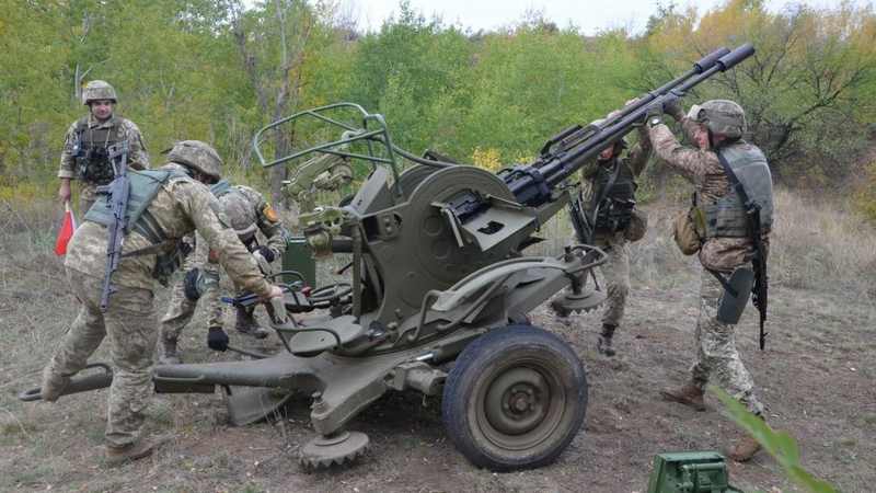 Ukrainian air-defense personnel deploying a ZU-23-2 anti-aircraft gun during an earlier 2021 training exercise, file photo