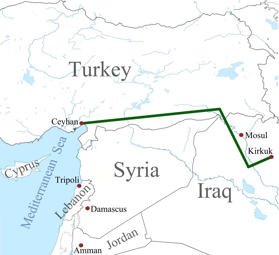 Map of the Kirkuk-Ceyhan pipeline expansion route from northern Iraq through Türkiye to the Mediterranean