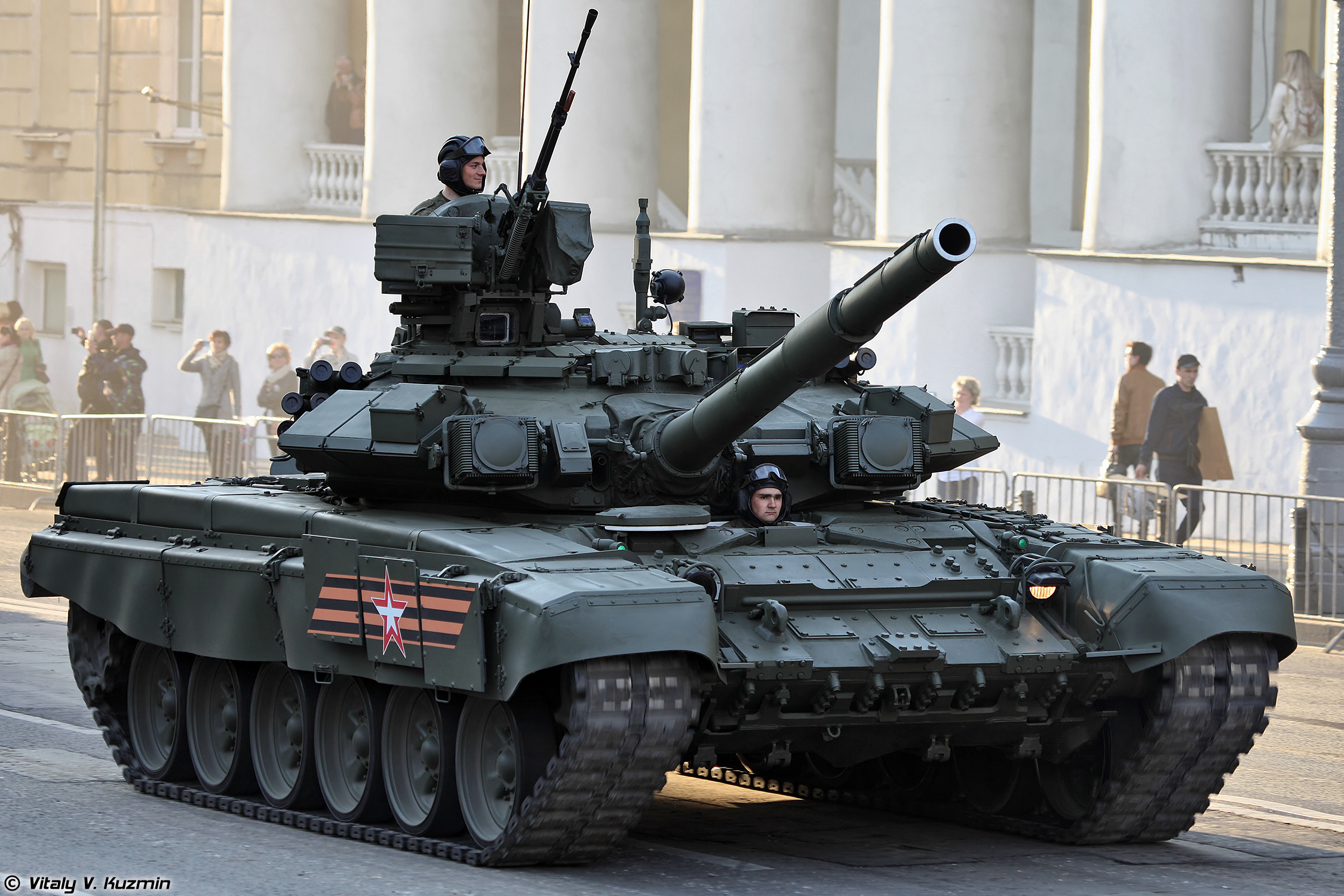 Russian T-90A tank during a Victory Day parade rehearsal, illustrating Russian arms production and the military budget