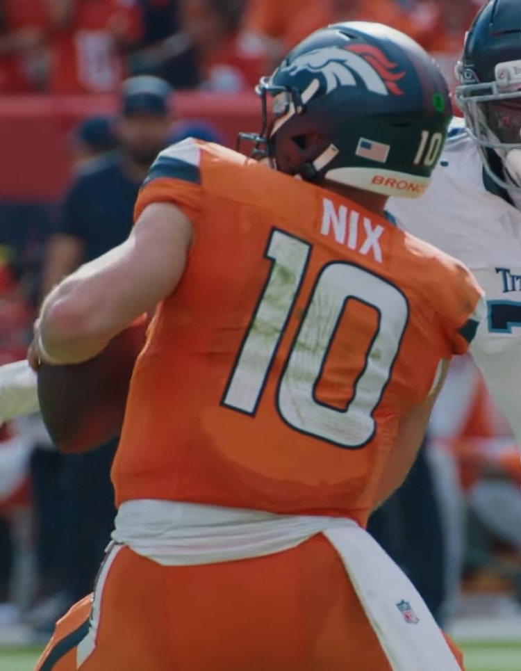 Bo Nix, whose record 62-yard scramble touchdown led the Broncos beat Cardinals 30-16 win, in a 2025 Broncos file photo