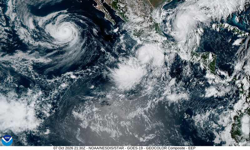 GOES-19 satellite view of the eastern Pacific on October 7, 2026 as Tropical Depression Twenty-E organizes off southern Mexico