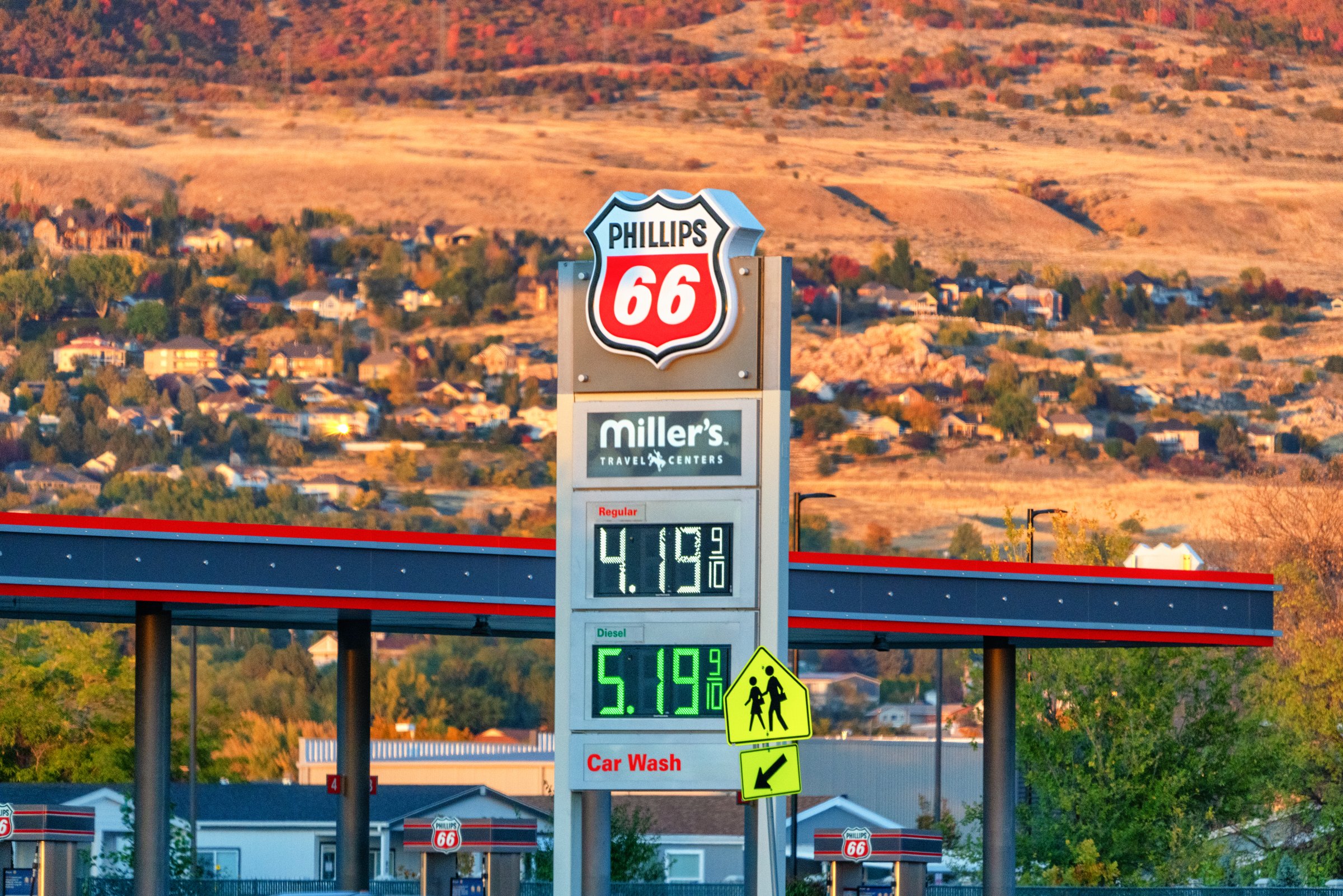 A fuel price sign at a Phillips 66 petrol station