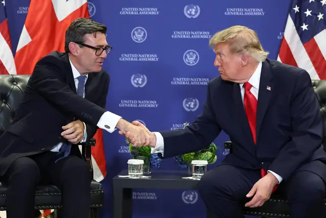 UK Prime Minister Andy Burnham and US President Donald Trump shake hands at their UN General Assembly bilateral meeting