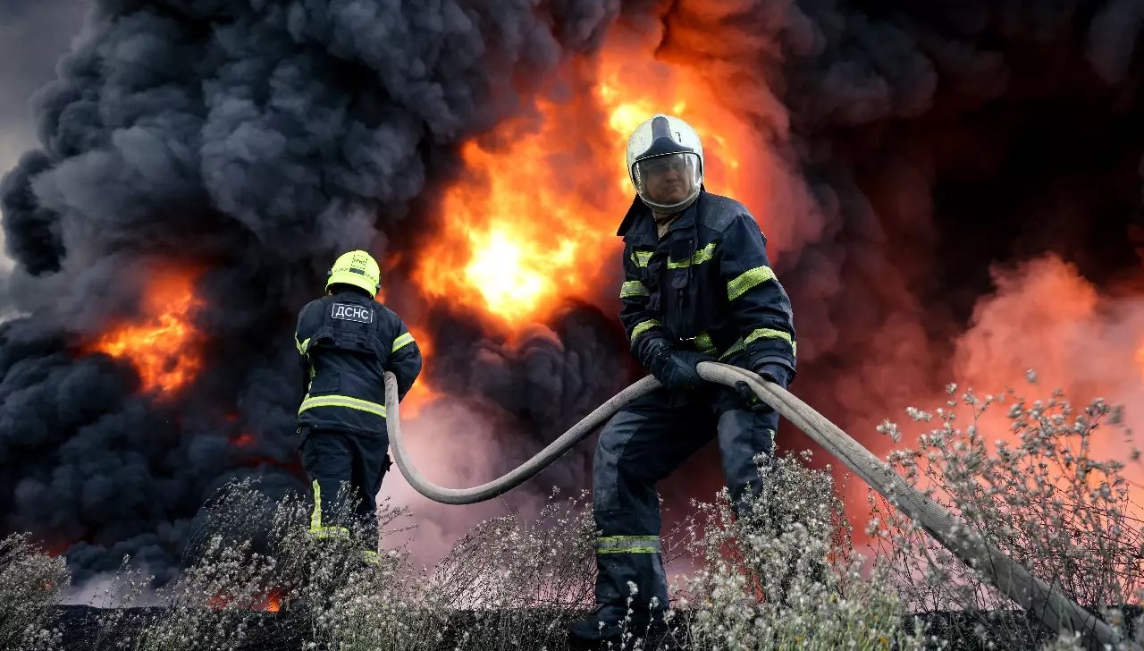 Ukrainian State Emergency Service firefighters battle a large fire at an industrial site in Poltava region after a Russian strike — file photo