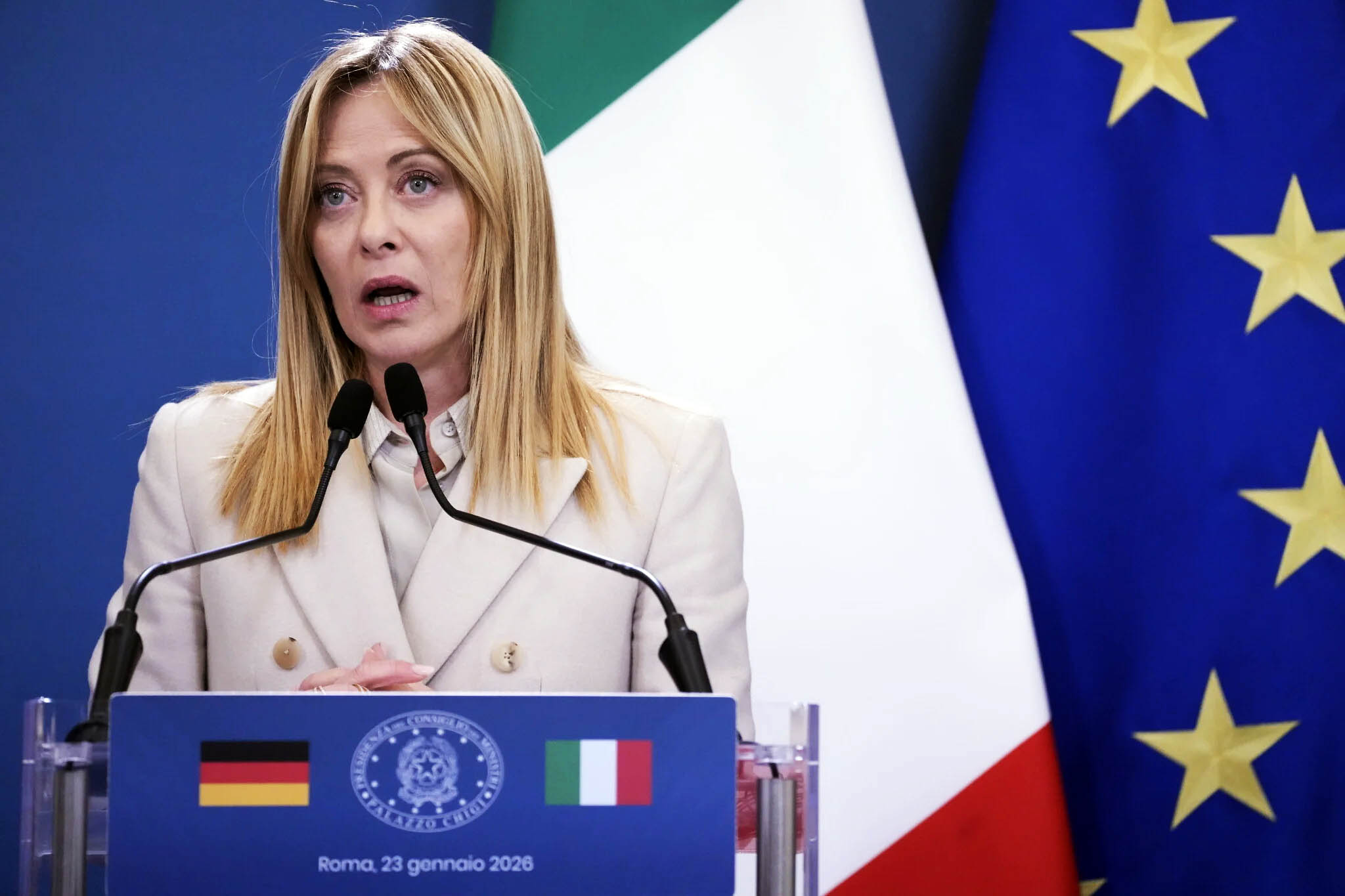 Italian Prime Minister Giorgia Meloni speaking at a press conference in Rome