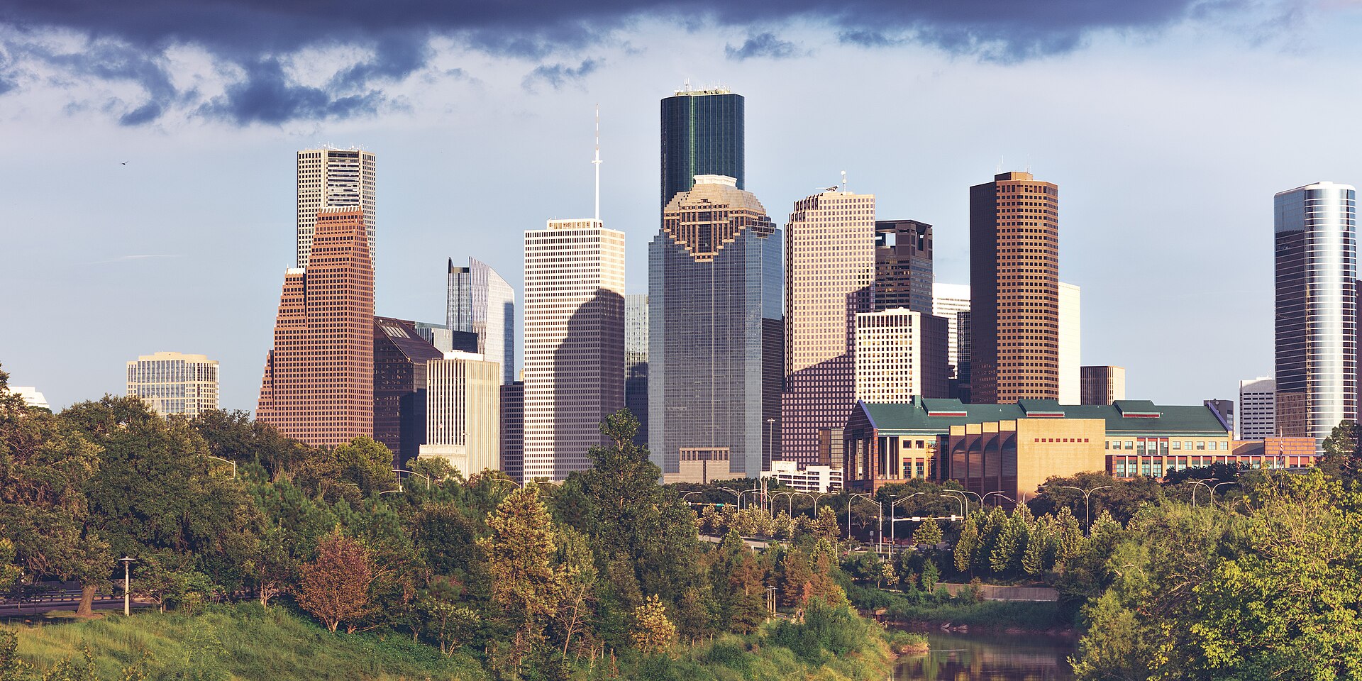 The downtown Houston, Texas skyline above Buffalo Bayou — the city where Moussa Diawara lived for about 25 years before his deportation
