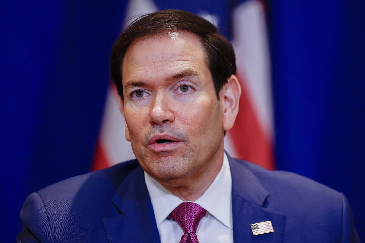 U.S. Secretary of State Marco Rubio speaking to reporters during the United Nations General Assembly in New York