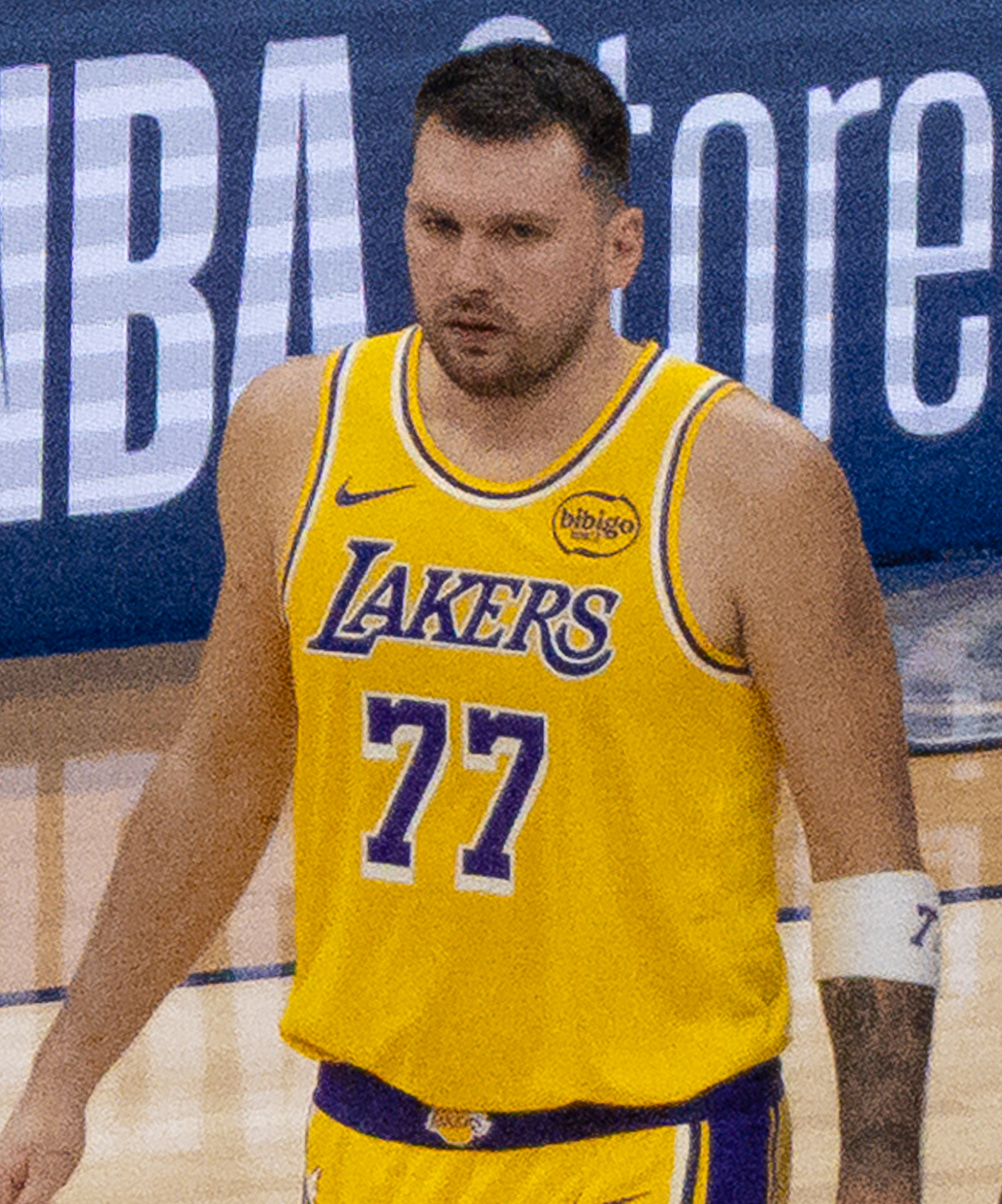 Luka Doncic in the Los Angeles Lakers gold jersey in 2026 — the six-time All-Star at the centre of the Lendeborg feud