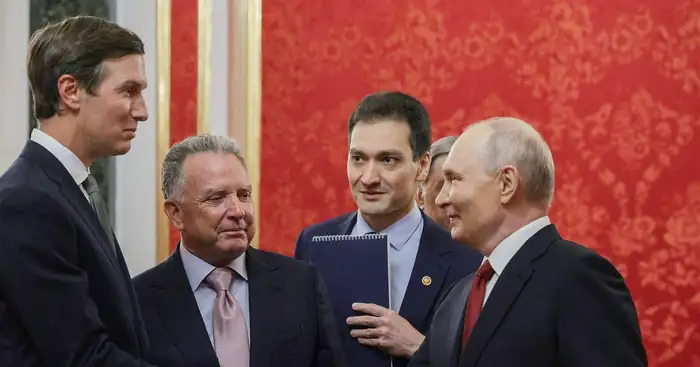 Vladimir Putin speaks with Steve Witkoff and Jared Kushner during Ukraine talks at the Kremlin on September 5, 2026