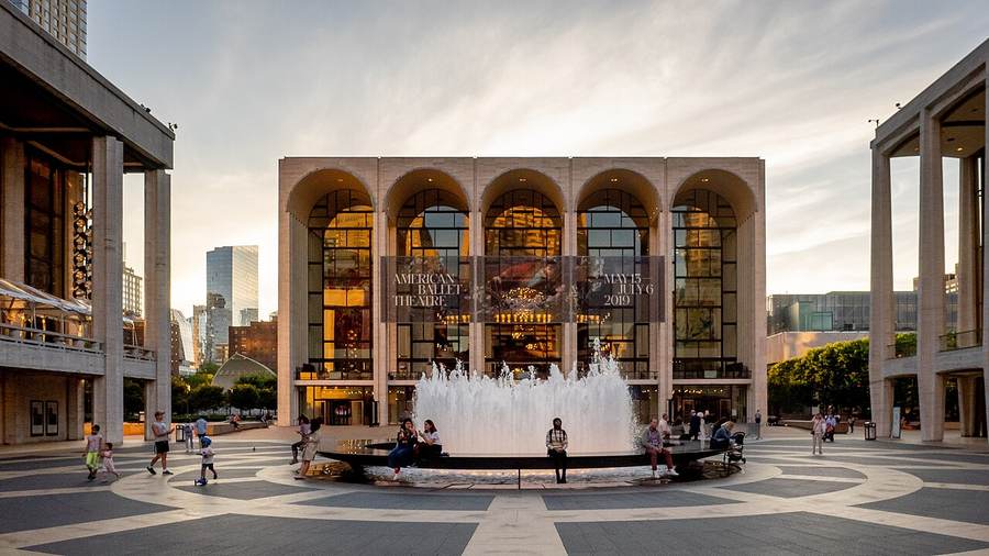 Lincoln Center plaza and fountain across Broadway from Brasserie Boulud in Manhattan