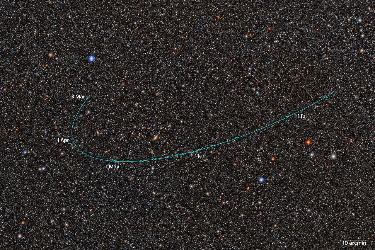 Composite Rubin Observatory image tracing the orbit of the new dwarf planet discovered beyond Pluto, 2026 ED138, across a crowded star field