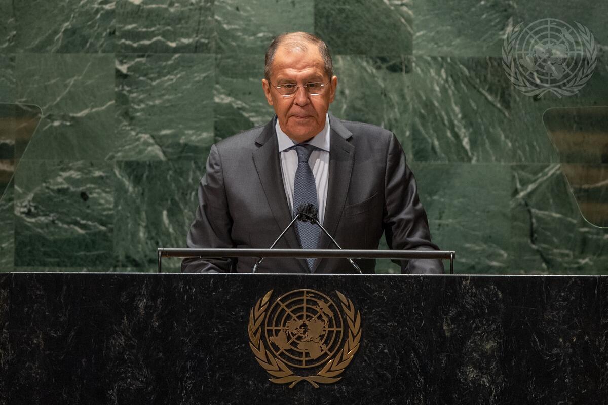 Russian Foreign Minister Sergey Lavrov at the UN General Assembly podium — Lavrov UNGA warmongers speech September 2026