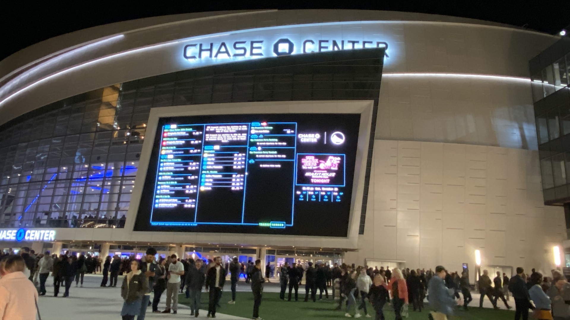 Chase Center in San Francisco at night, home of the Golden State Valkyries, where Game 5 of the WNBA Finals was played and a possible Game 7 would be held