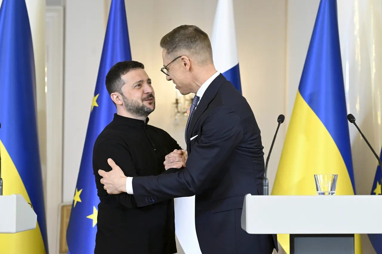 President Volodymyr Zelenskyy greeting Finnish President Alexander Stubb beside Ukrainian, Finnish and European Union flags in Helsinki in March 2025