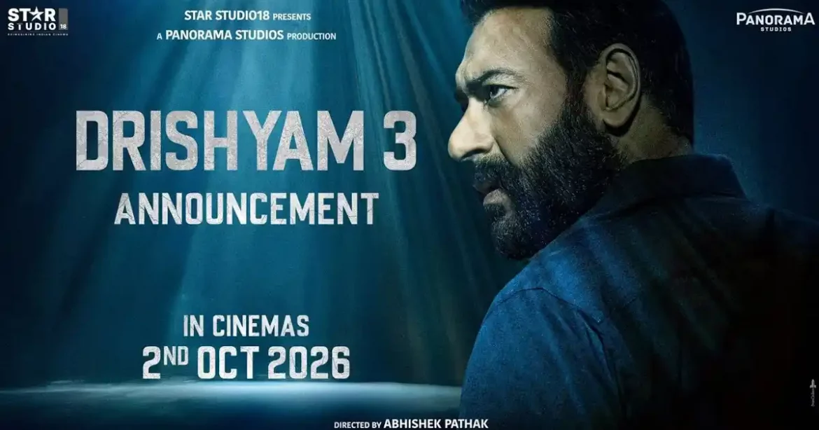 Drishyam 3 announcement artwork featuring Ajay Devgn’s returning thriller
