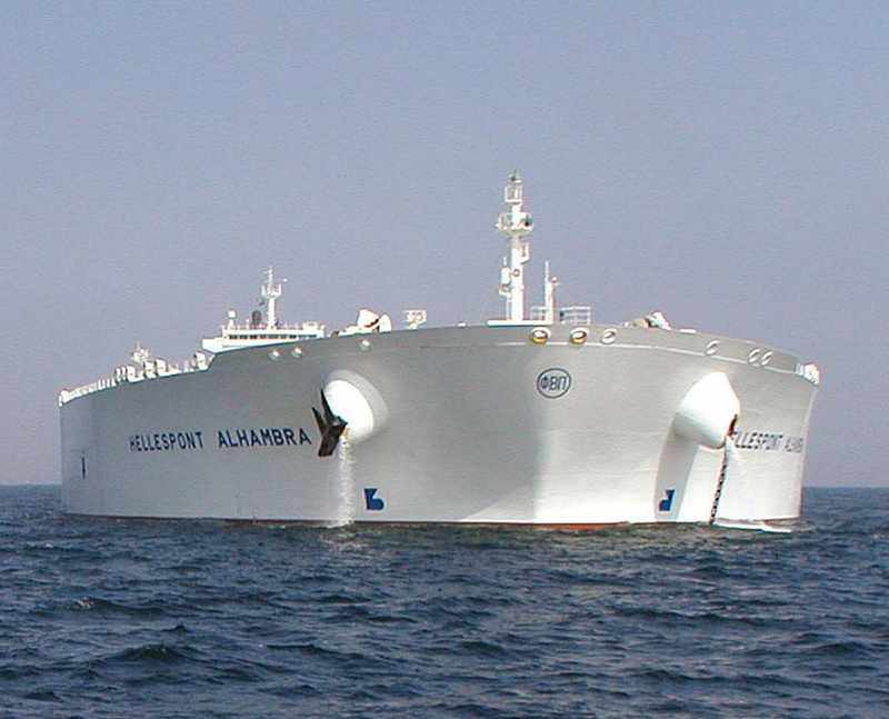 The TI-class supertanker Hellespont Alhambra — a 380-meter ULCC of the class of giant crude carrier targeted in the October 2026 Hormuz tanker attack wave