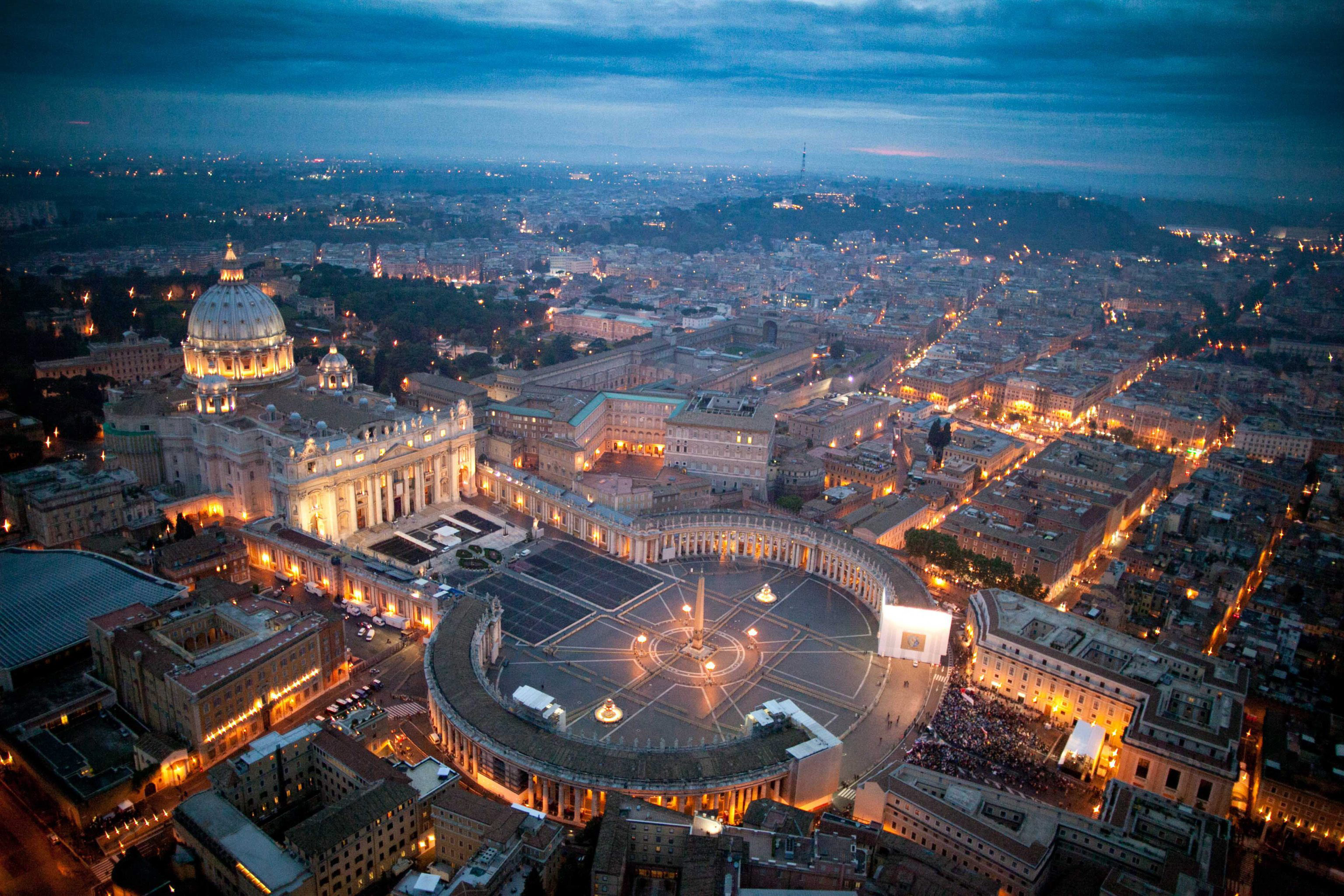 St Peter's Square and Basilica at twilight, Vatican City, aerial view