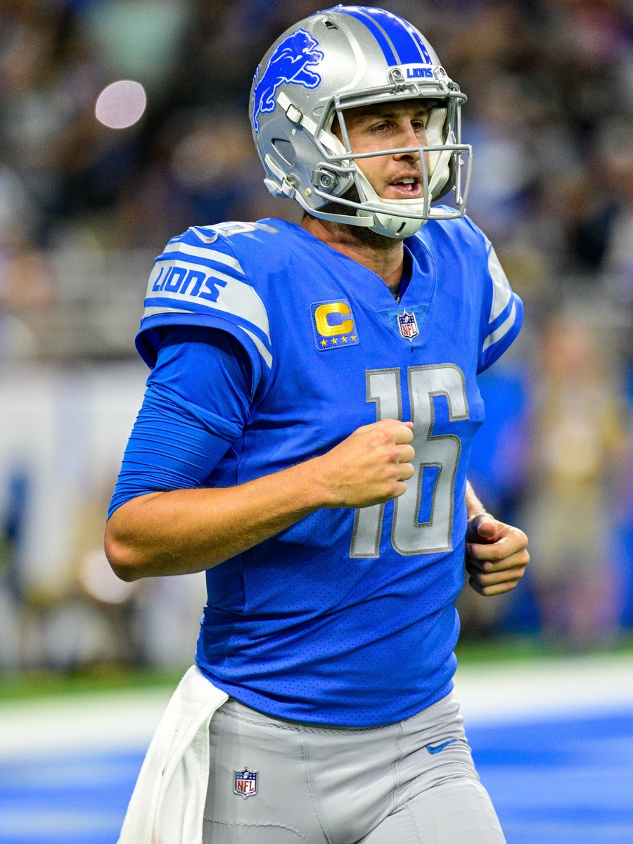Jared Goff in his Detroit Lions uniform — Jared Goff stats today: 303 yards and two touchdowns in the Lions vs Packers score of 20-17