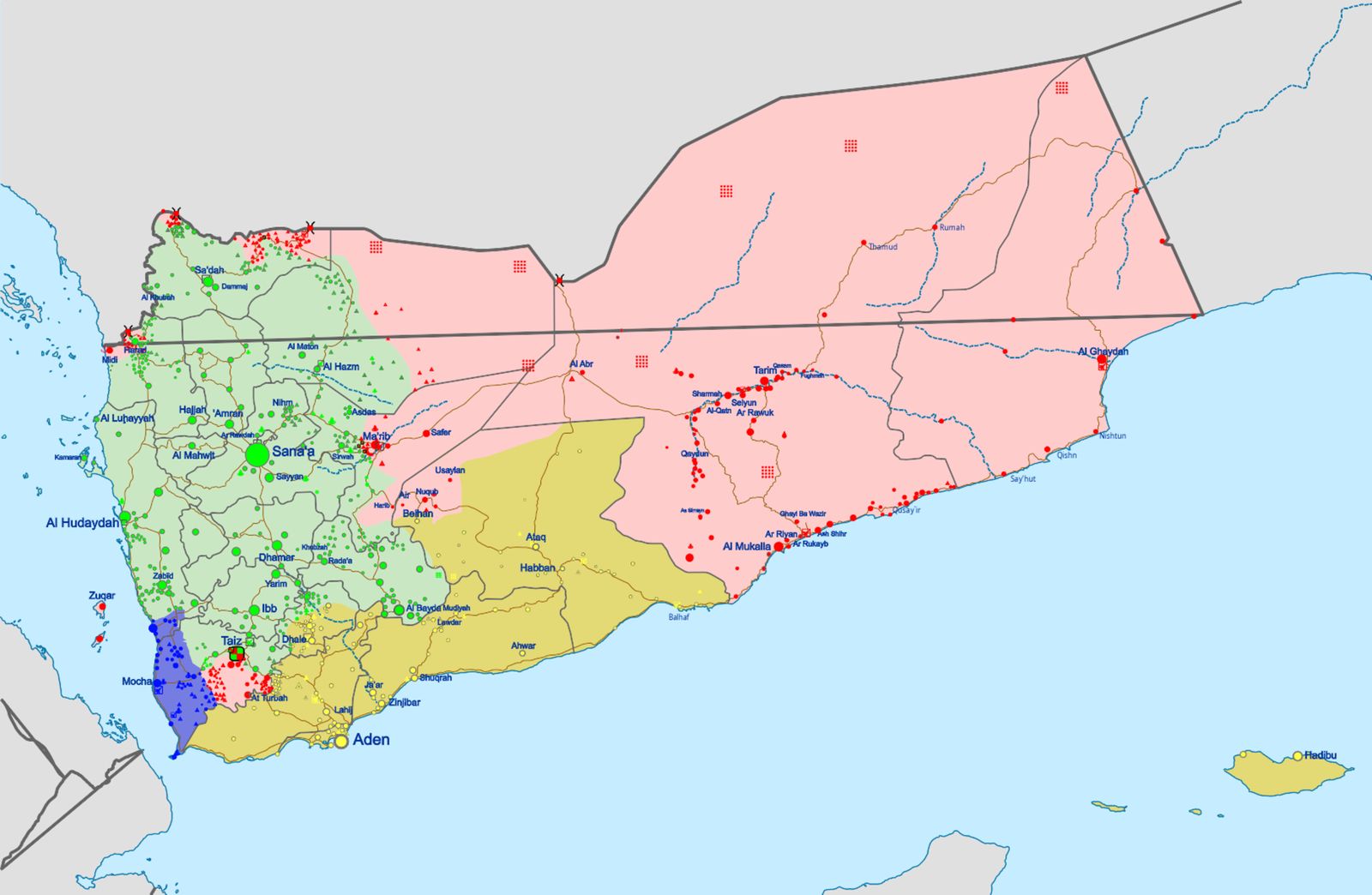 Map of territorial control in Yemen showing the front lines of the civil war, illustrating the Red Sea coast now contested in the Bab el-Mandeb offensive