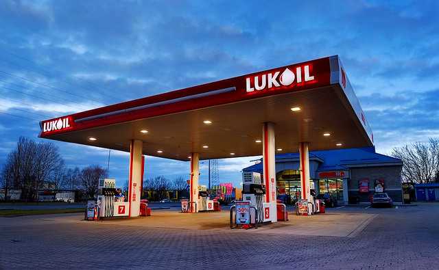 A Lukoil-branded gas station, one type of retail asset included in the company's international portfolio sale