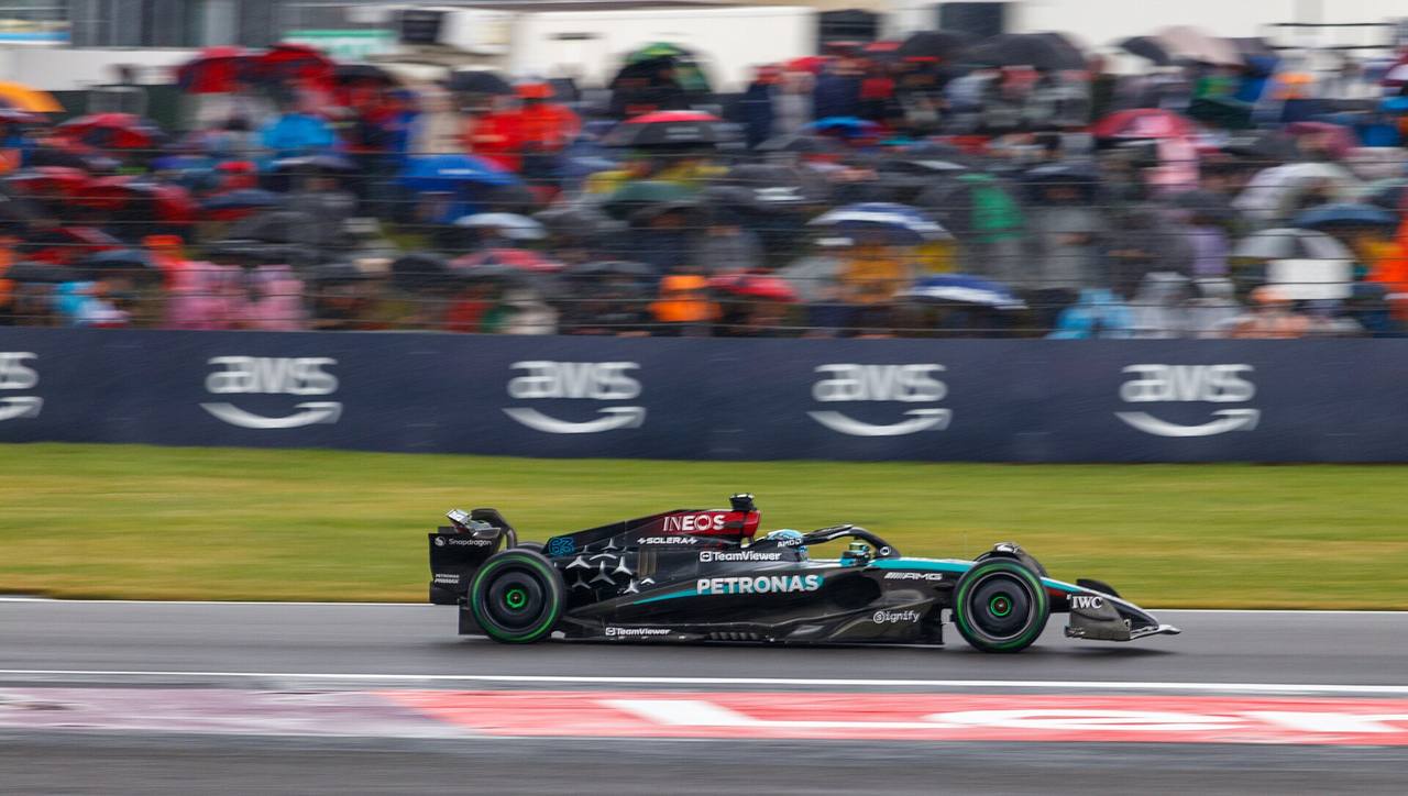 George Russell driving the #63 Mercedes at Silverstone — his Baku win was his third victory of the 2026 F1 season