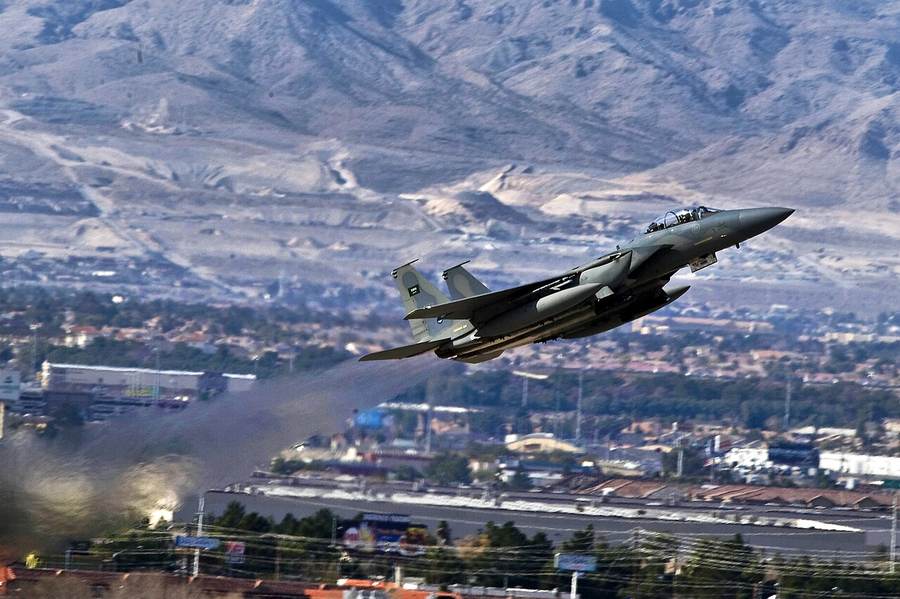Royal Saudi Air Force F-15 Strike Eagle taking off during a 2012 training exercise in Nevada