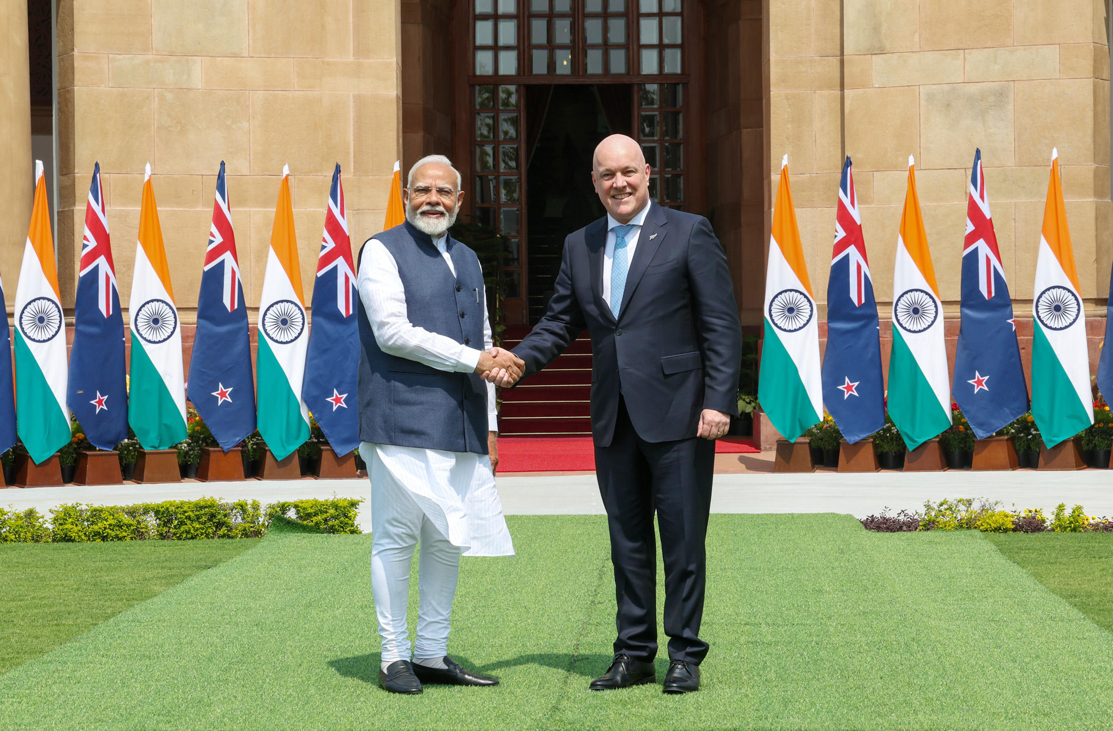 India New Zealand FTA duty free — Prime Minister Narendra Modi meets New Zealand Prime Minister Christopher Luxon at Hyderabad House, New Delhi, March 2025