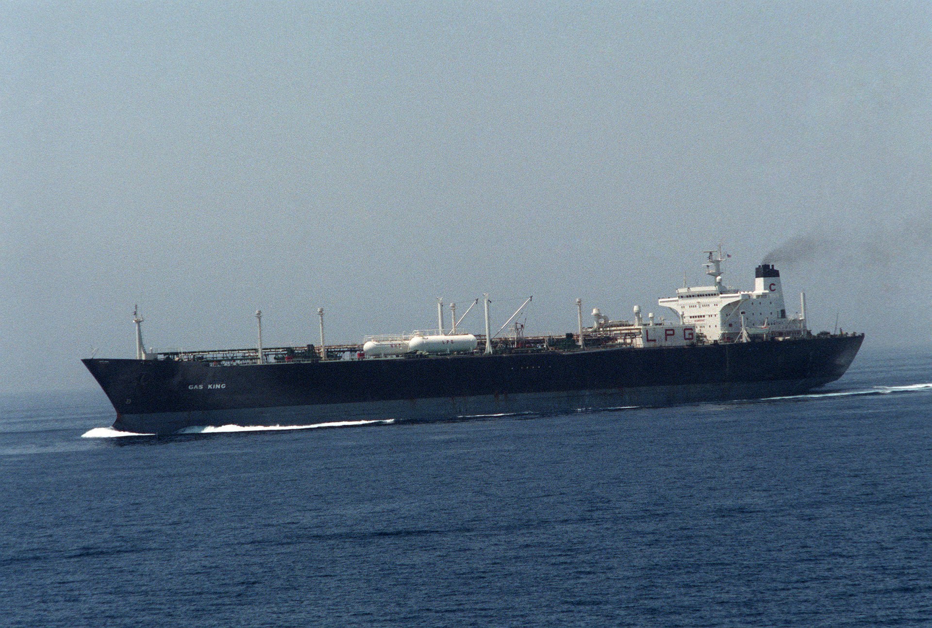 The reflagged Kuwaiti supertanker Gas King under way in the Persian Gulf in an archive photo, as tankers attacked off Saudi Arabia near Jubail renew fears for Gulf shipping