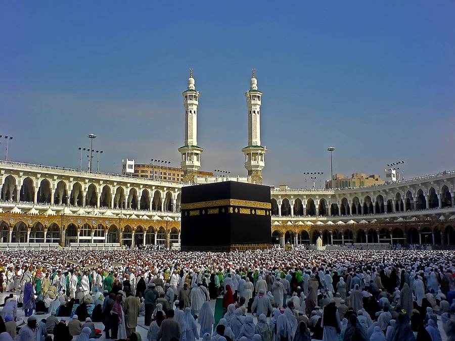The Kaaba surrounded by pilgrims at the Grand Mosque in Mecca