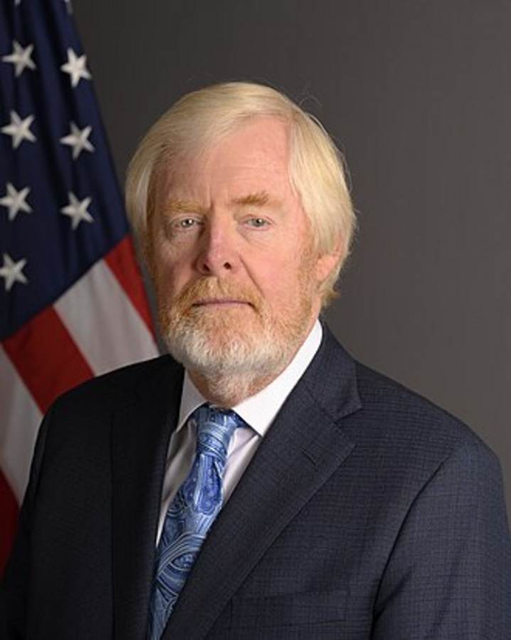 Official portrait of U.S. Ambassador to South Africa L. Brent Bozell III beside the American flag