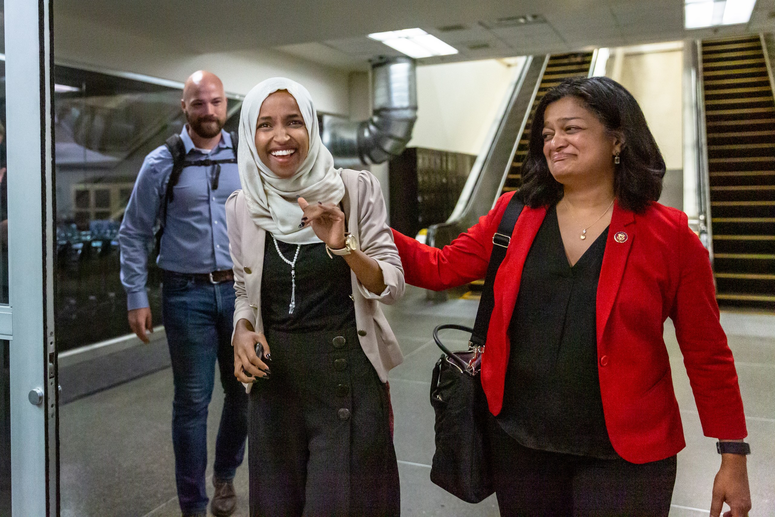 Ilhan Omar donations appeal — Rep. Ilhan Omar greeted by supporters on arriving at Minneapolis–Saint Paul airport in 2019