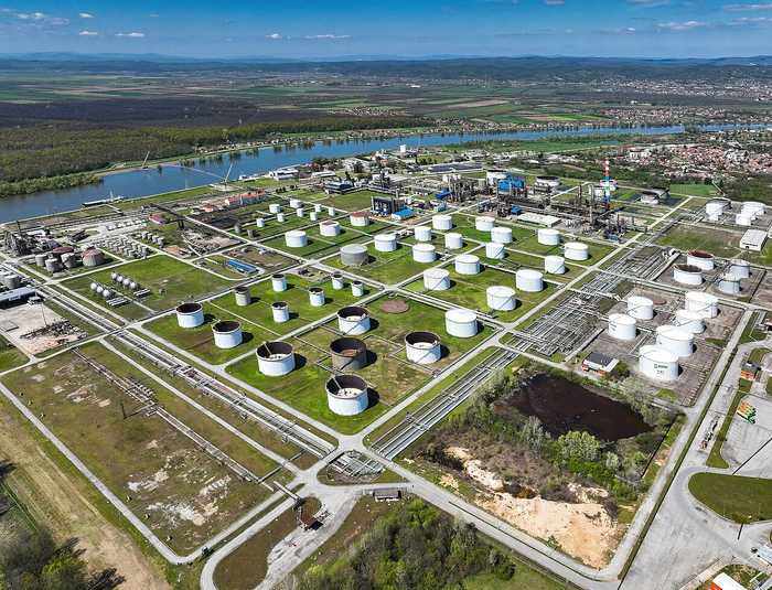 Oil refinery storage tanks at Brod illustrating the G7 100 million barrel fuel release