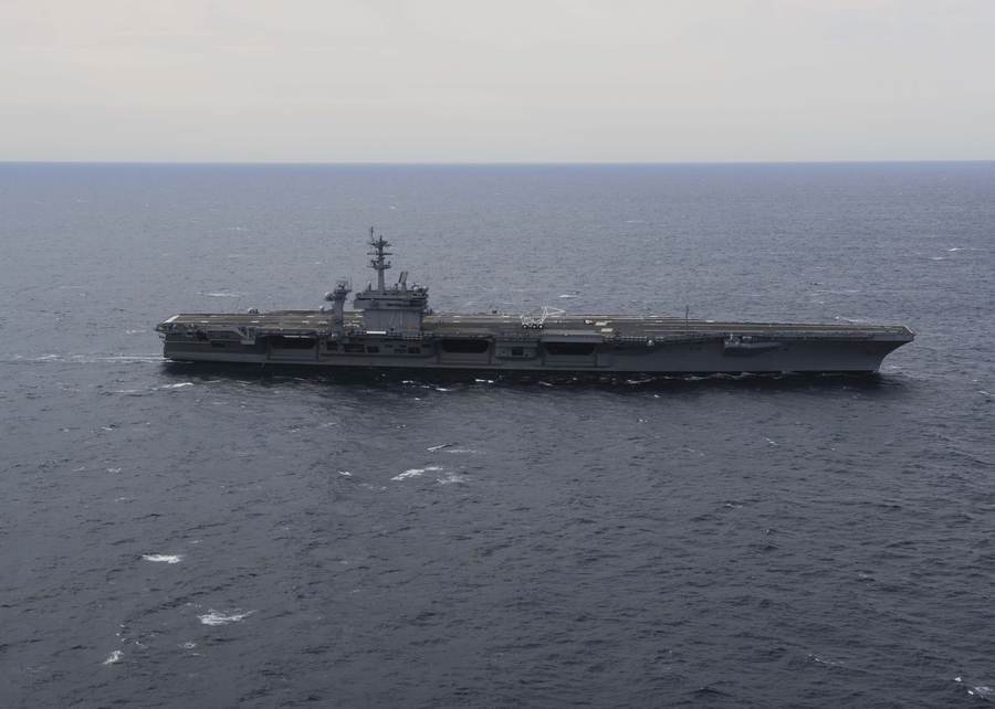 The aircraft carrier USS Theodore Roosevelt underway before deploying toward the Middle East