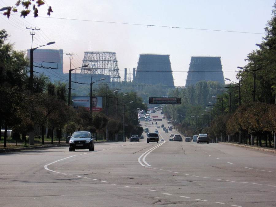 Cooling towers at the ArcelorMittal Kryvyi Rih steel plant viewed from Metalurhiv Avenue