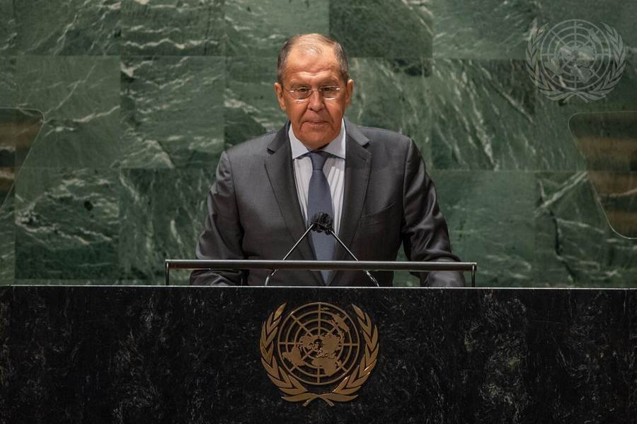 Russian Foreign Minister Sergey Lavrov at the UN General Assembly podium — Lavrov UNGA warmongers speech September 2026