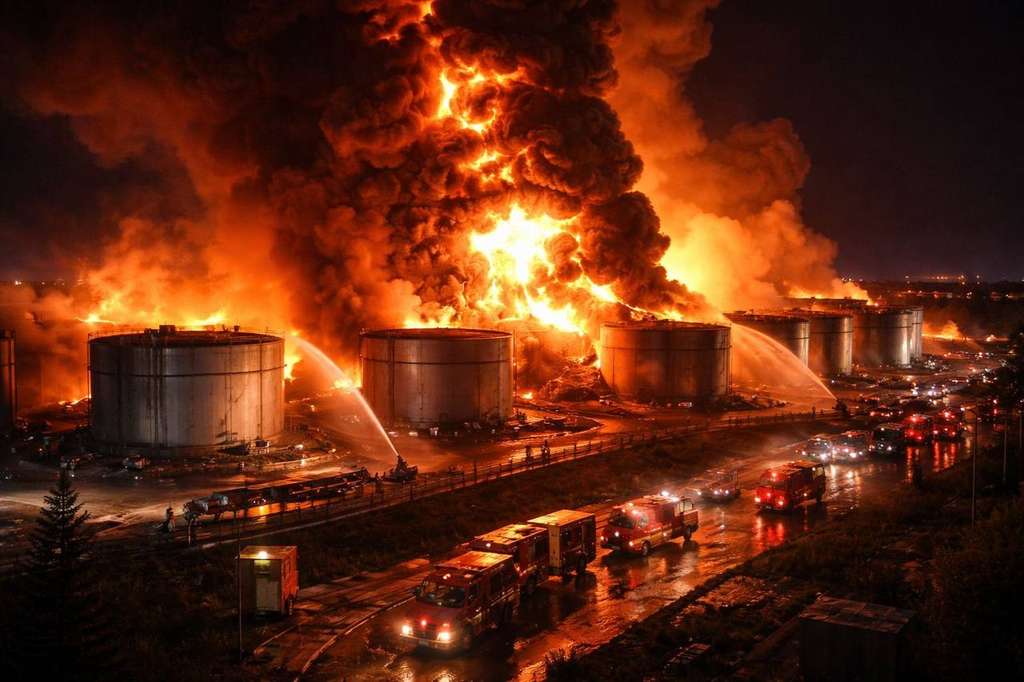 Night fire at an oil storage depot with firefighters responding &mdash; the Krasnodar oil depot drone strike on the Edelweiss-95/Pavlovskaya facility, September 28, 2026