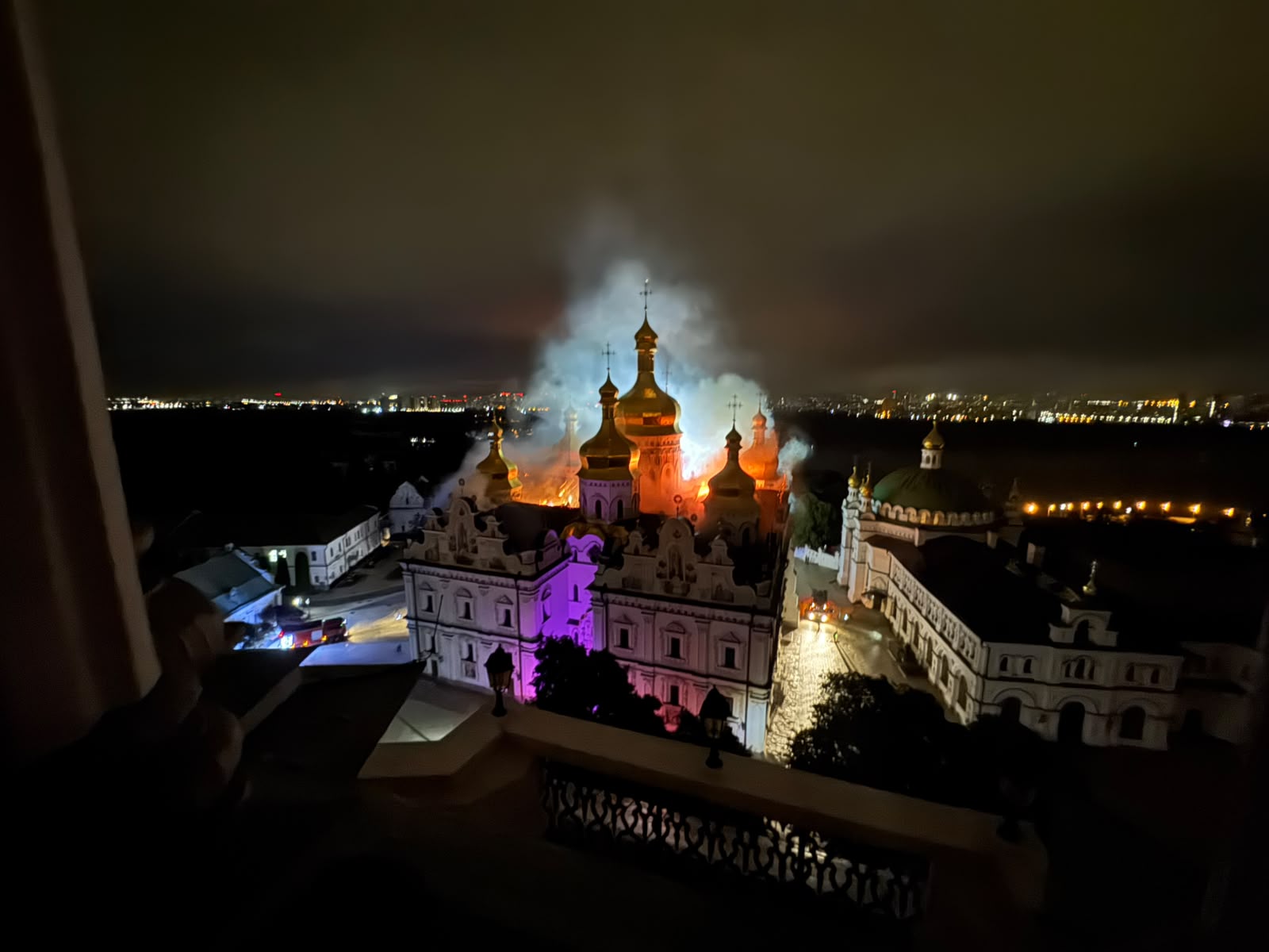The Dormition Cathedral of the Kyiv Pechersk Lavra burning at night after an earlier attack, Ukraine war day 1694 briefing