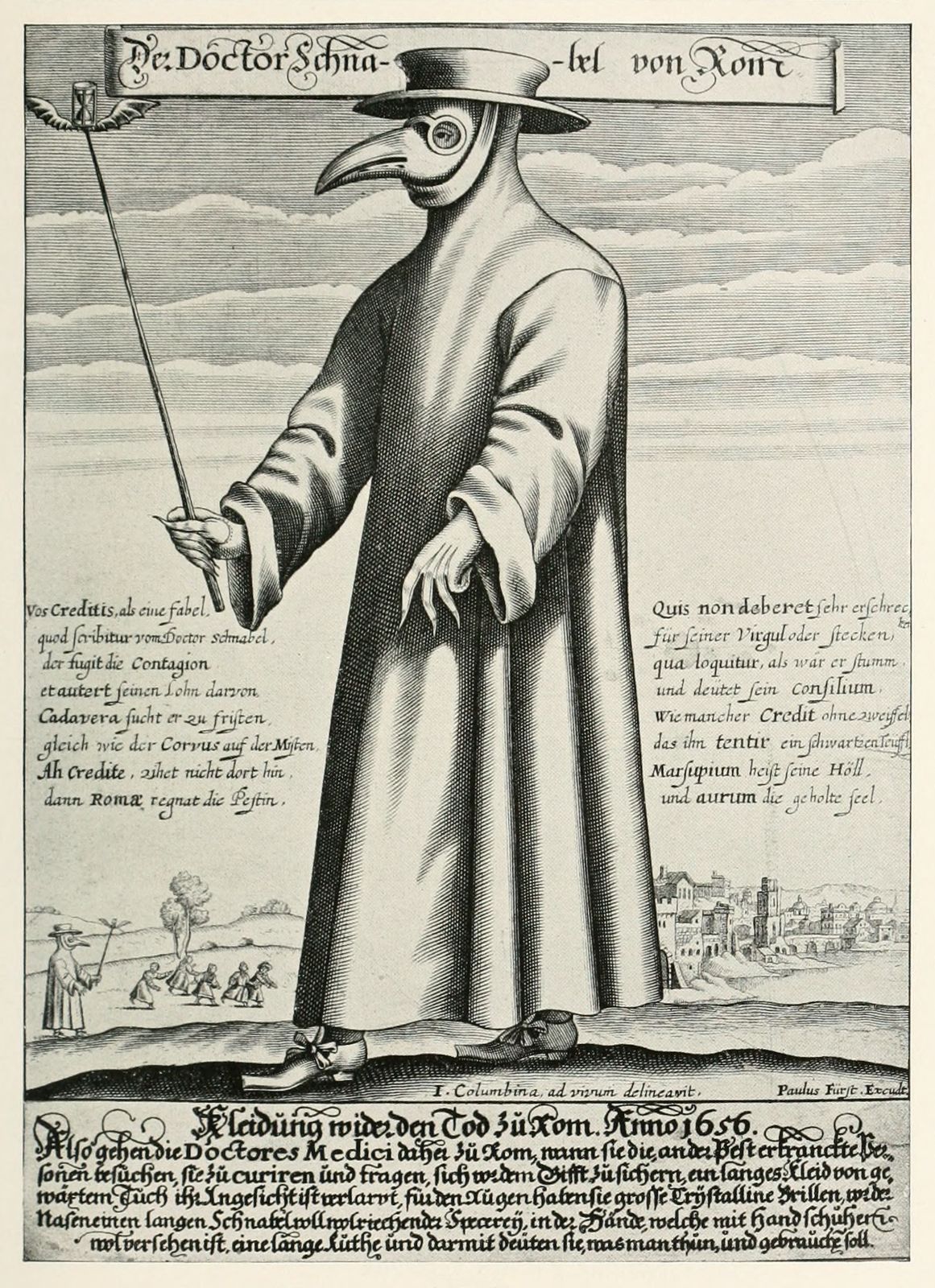 1656 engraving of a plague doctor in beaked mask — plague vs covid comparison