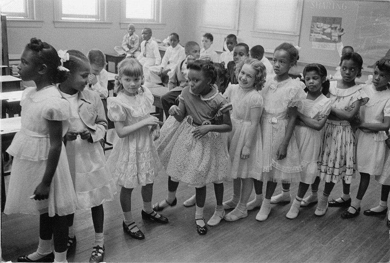 Integrated classroom during the school-desegregation era, illustrating Brown v. Board and federal desegregation orders