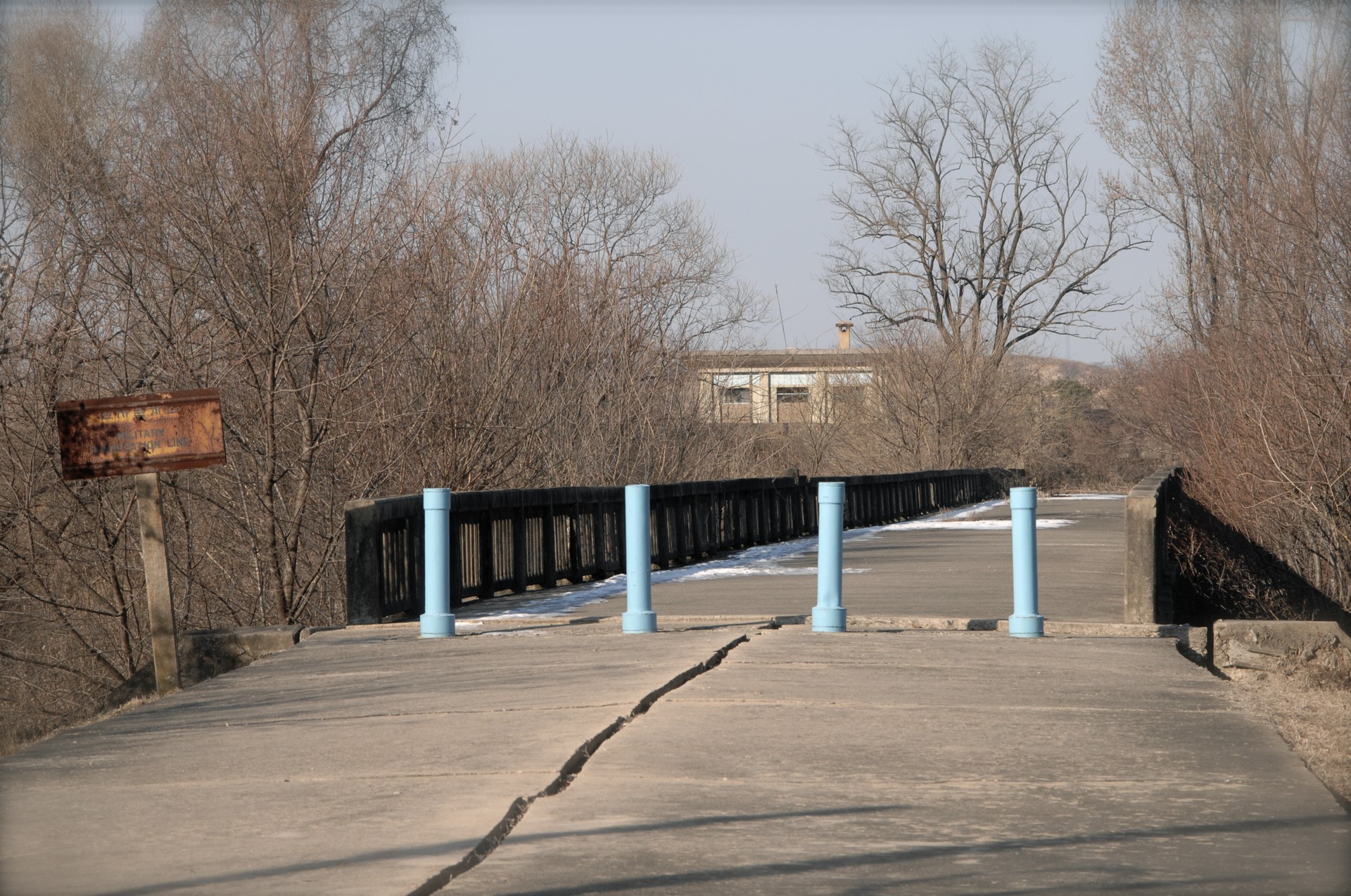 The Bridge of No Return at Panmunjom in the Korean DMZ, crossed by the Military Demarcation Line, the border at the centre of the North Korea South Korea tensions