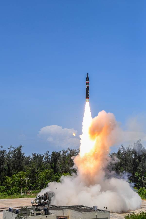 Indian Agni-P ballistic missile rising during a test launch, shown as context for ballistic missile flight