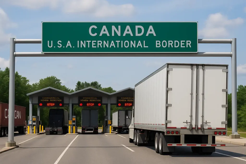 Freight trucks moving through a United States–Canada trade corridor