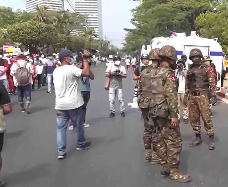 Myanmar Army Tatmadaw soldiers in Yangon during protests after the 2021 coup