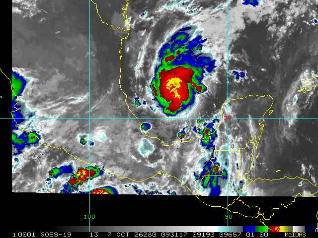 Infrared satellite image of Tropical Depression Nine over the southwestern Gulf of Mexico on October 7, 2026