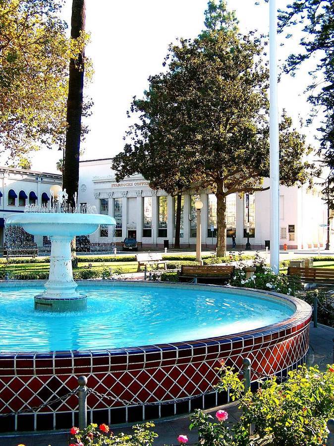 Plaza park and fountain at the Orange Circle in Old Towne Orange, the historic heart of the city of Orange
