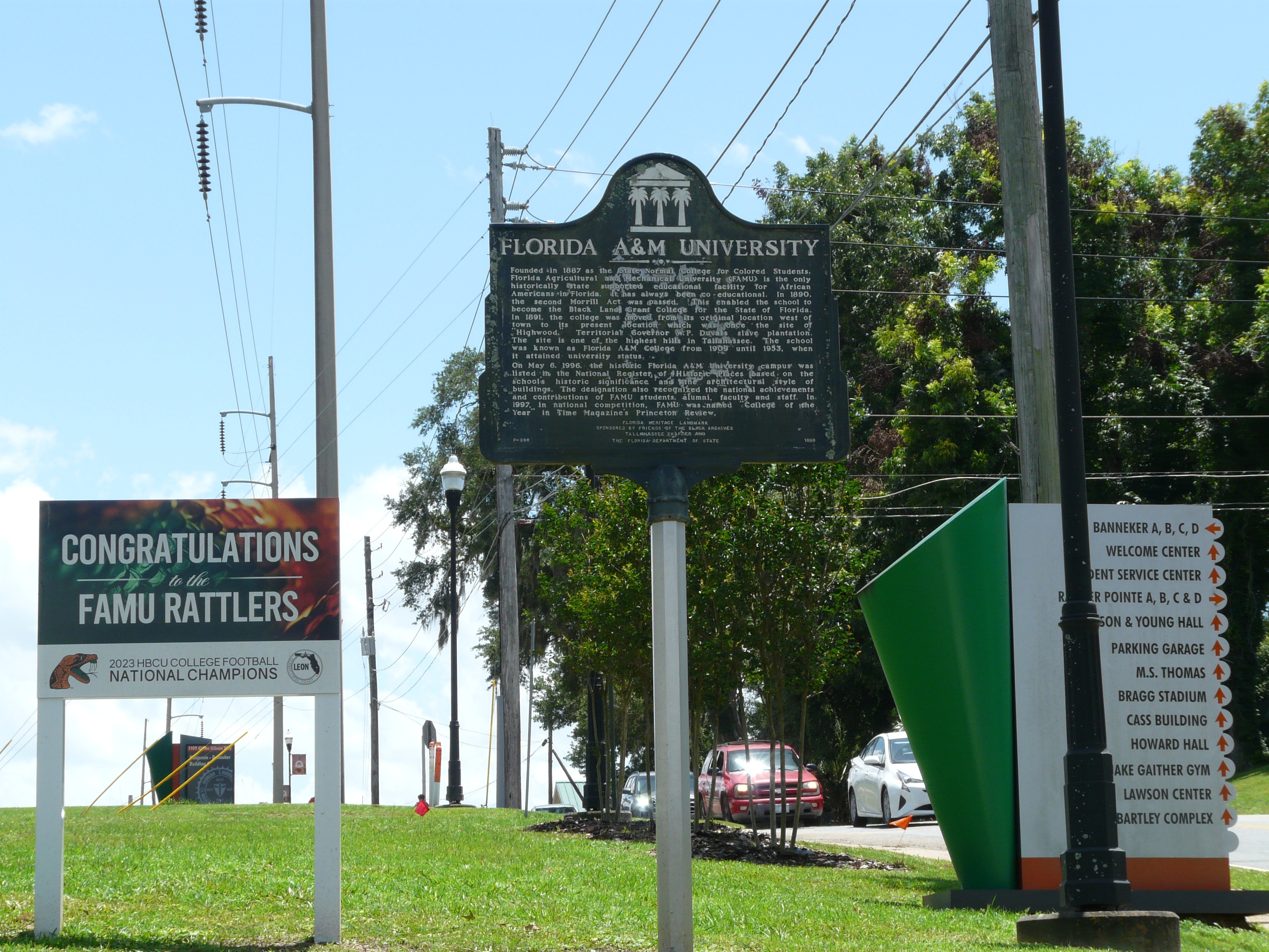 The Florida A&M University historic marker on Althea Gibson Way in Tallahassee, near where police briefed reporters on the FAMU homecoming shooting
