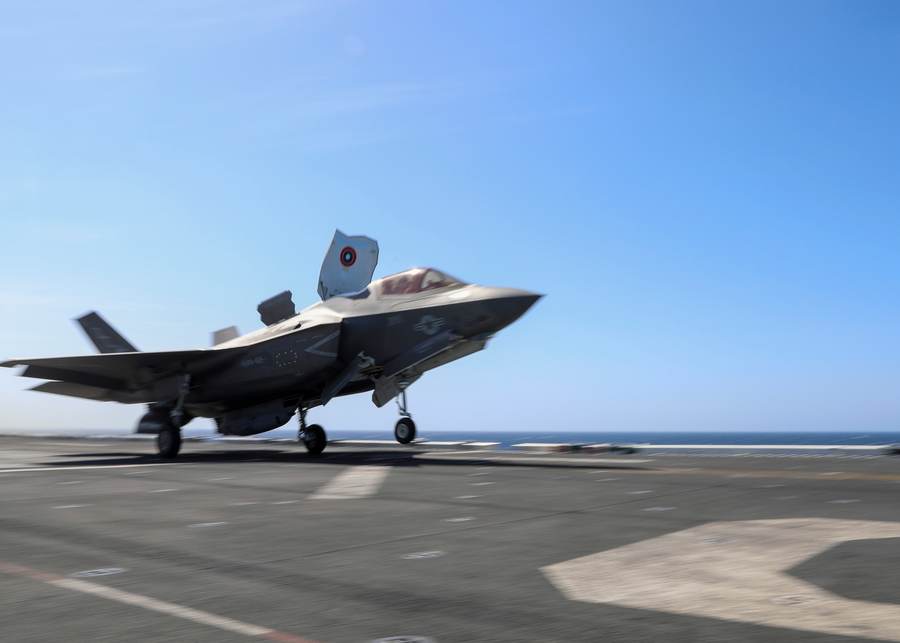 An F-35B Lightning II launches from USS Makin Island in the Indian Ocean