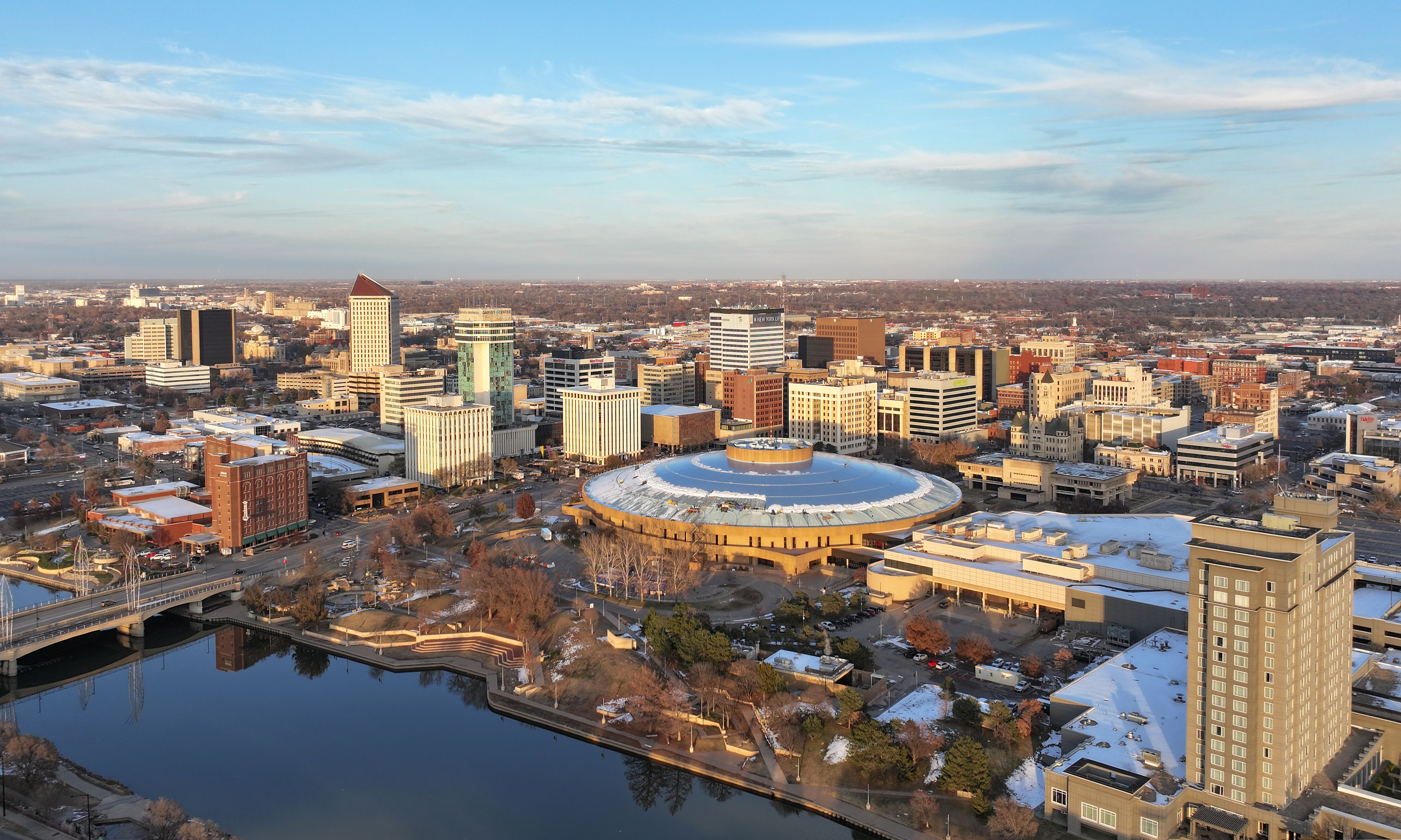Wichita Kansas skyline aerial view over the Arkansas River, near where the Trump rally threat case began