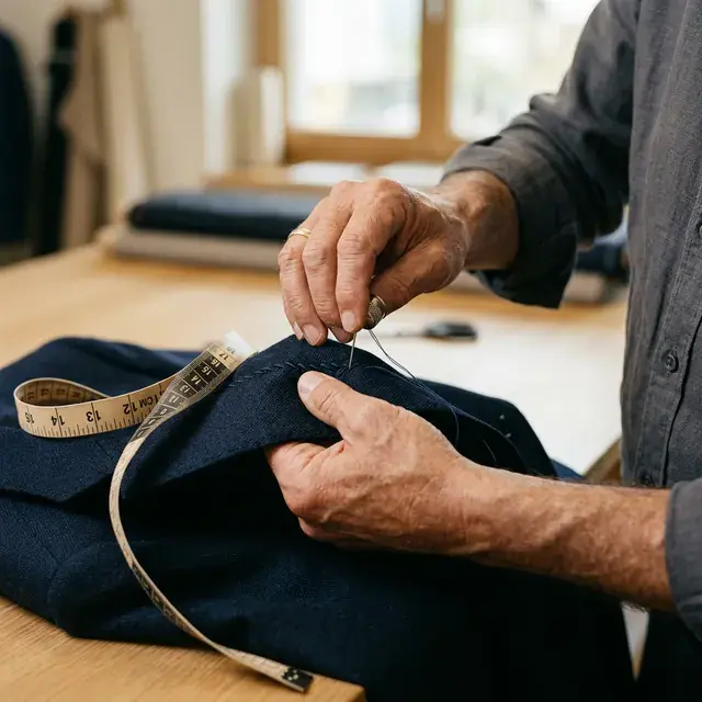 Tailor hand-stitching a dark garment in a workshop